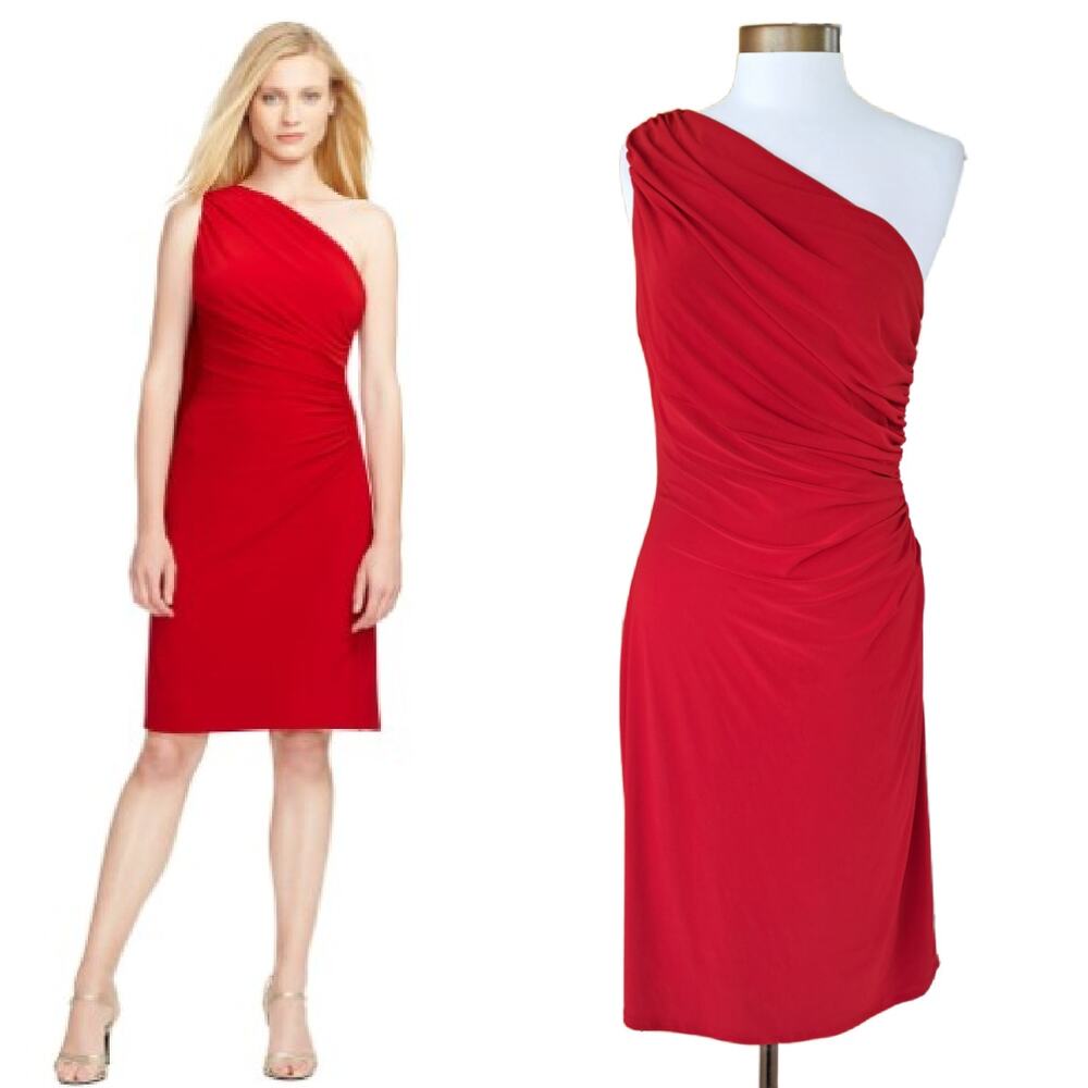 Lauren Ralph Lauren Red One-Shoulder Ruched Cocktail Dress